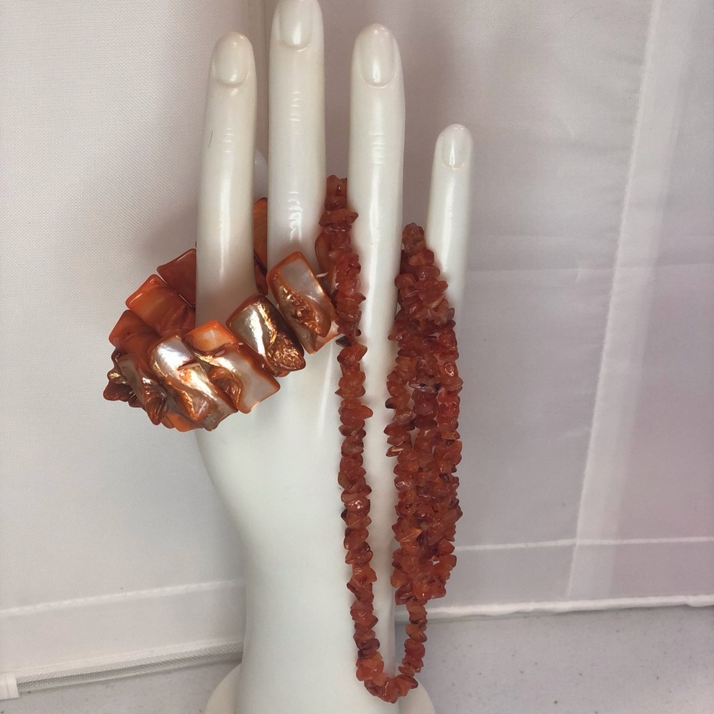 Vintage Baltic amber necklace long with true mother, pearl stretchy bracelet